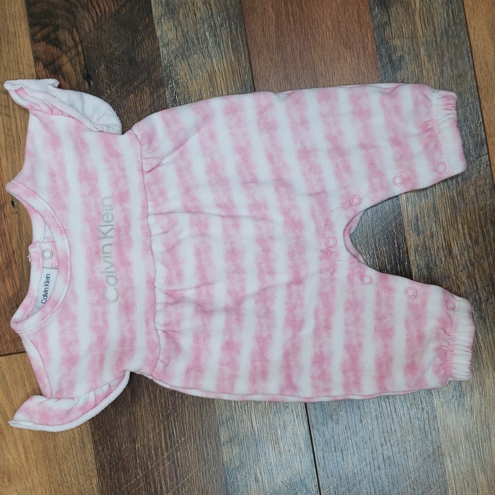 Calvin Klein Pink and White Striped Ruffle Shoulder Jumpsuit, Size 0-3 Months
